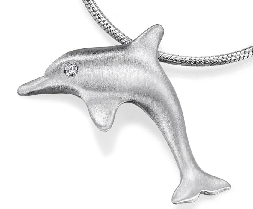 Silver Diamond Eye Dolphin Pendant on Snake Chain Necklace