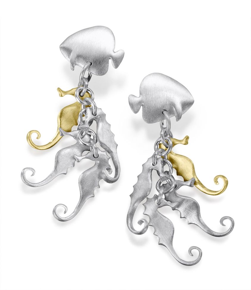 18ct Gold & Silver Seahorse Drop Earrings