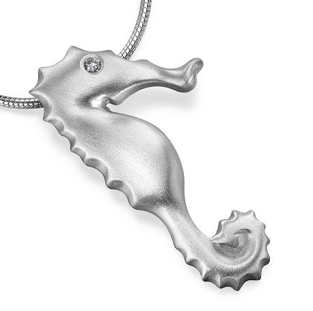 Silver Diamond Eye Seahorse Pendant on Snake Chain Necklace