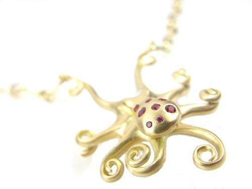 18ct Yellow Gold and Ruby Octopus on a Hayseed Chain