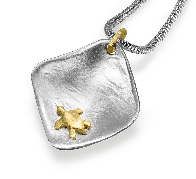 18ct Gold & Silver Turtle on Domed Pendant on Snake Chain Necklace