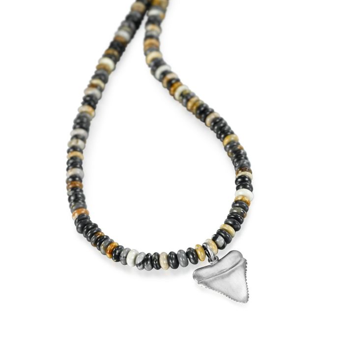 Silver Sharks Tooth Pendant on Picasso Jasper Bead Necklace