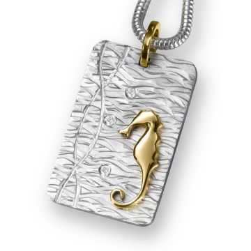 18ct Gold & Silver Seahorse and Diamond Duo Pendant on Snake Chain Necklace